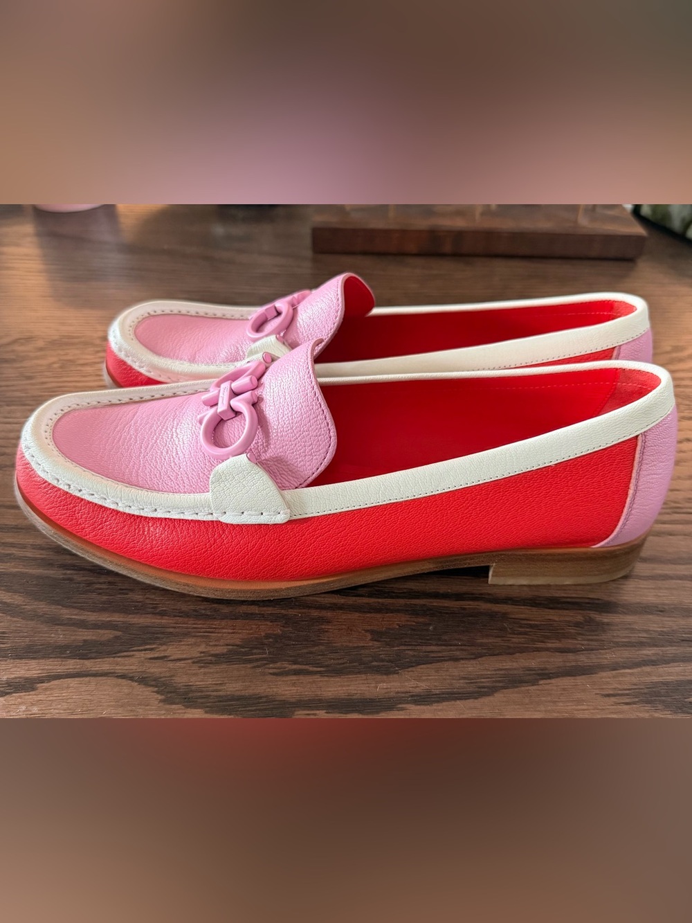 Ferragamo Rolo Gancini Leather Colorblock Pink & Red Leather Loafers - Size 10